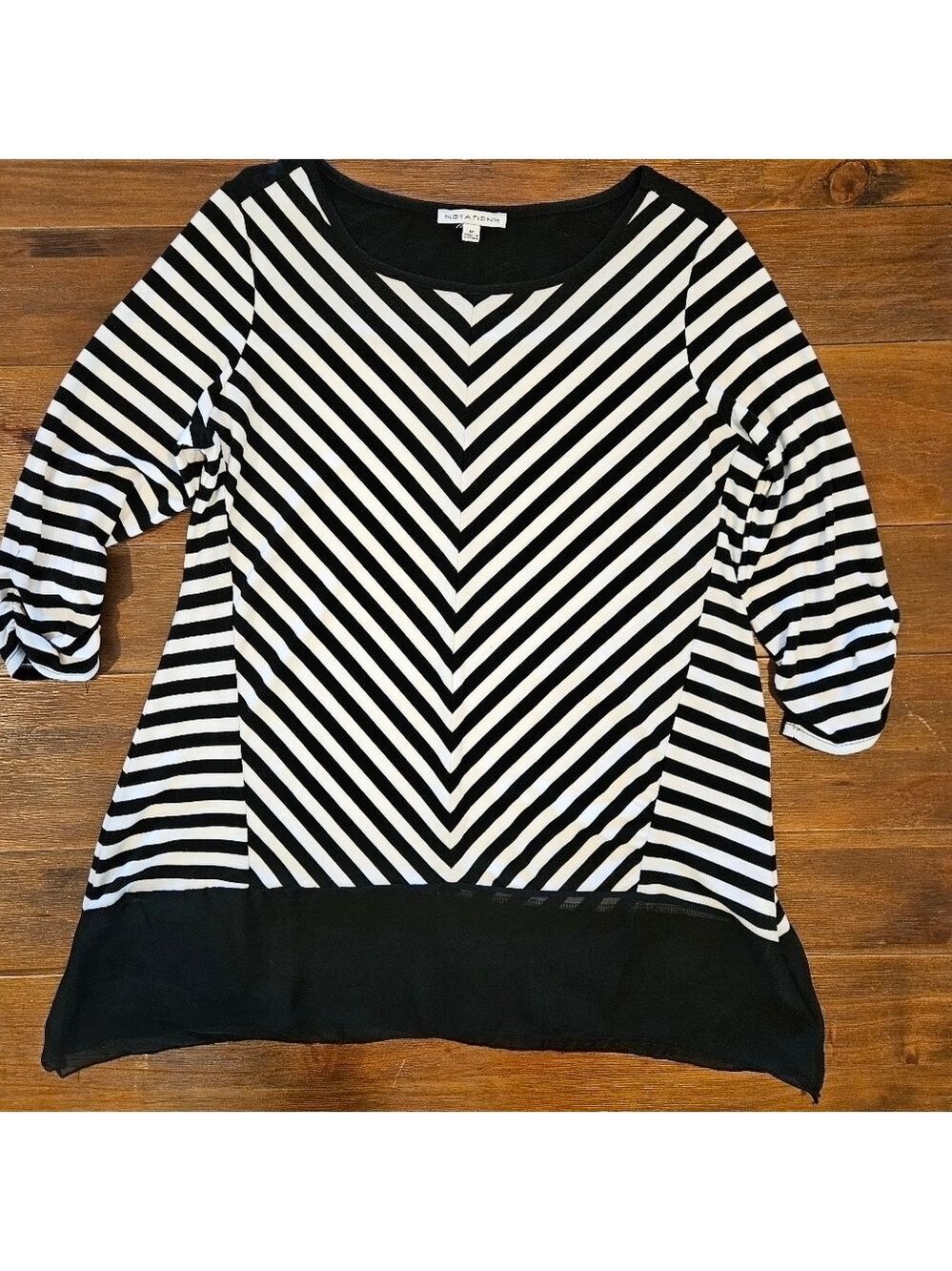 NOTATIONS BLACK & WHITE STRIPED TUNIC TOP WITH A SHEER BLACK HEM SIZE MEDIUM